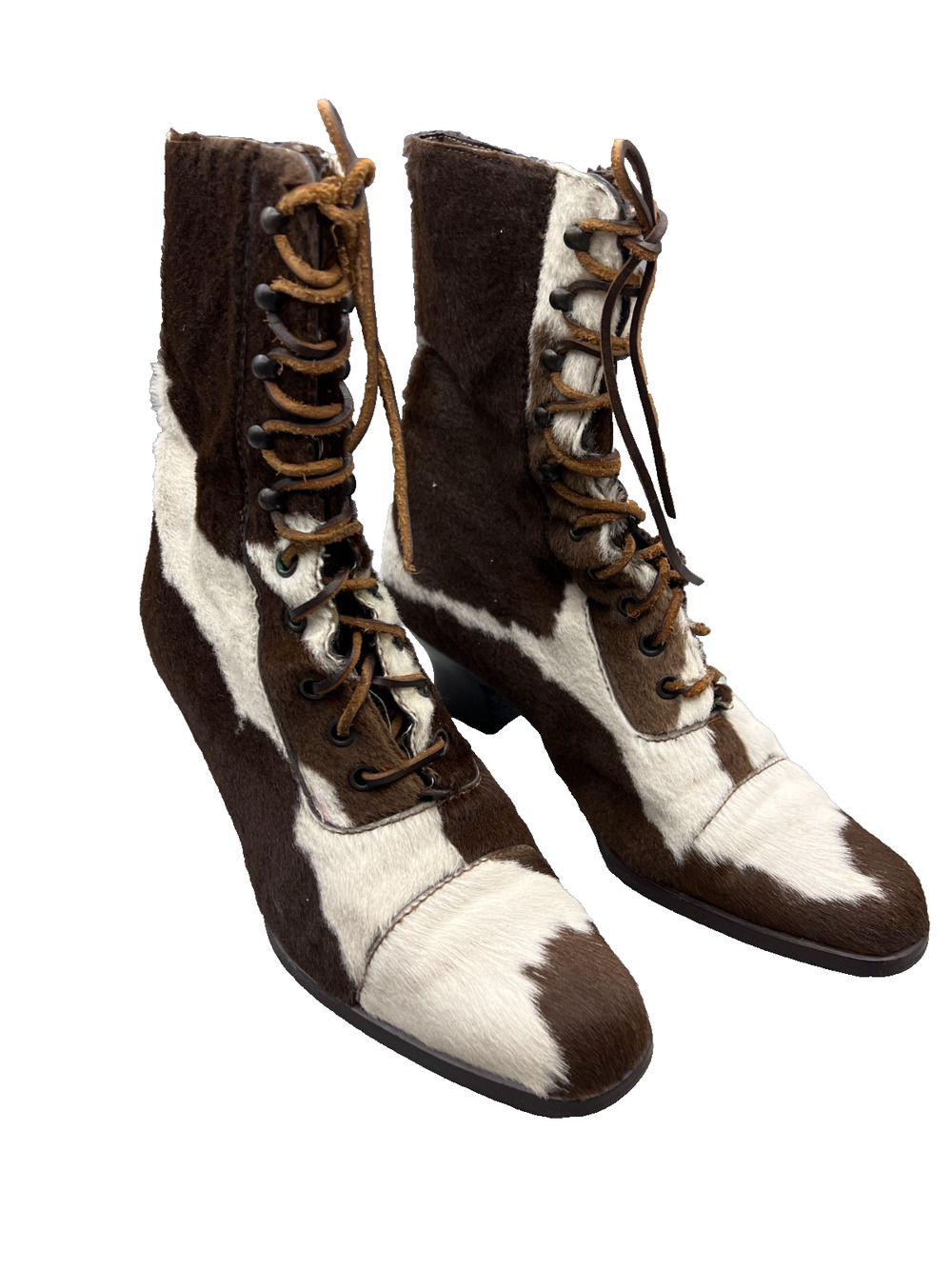 Miu Miu Womens Brown White Block Heel Suede Cowhide Lace Up Mid Calf Boots